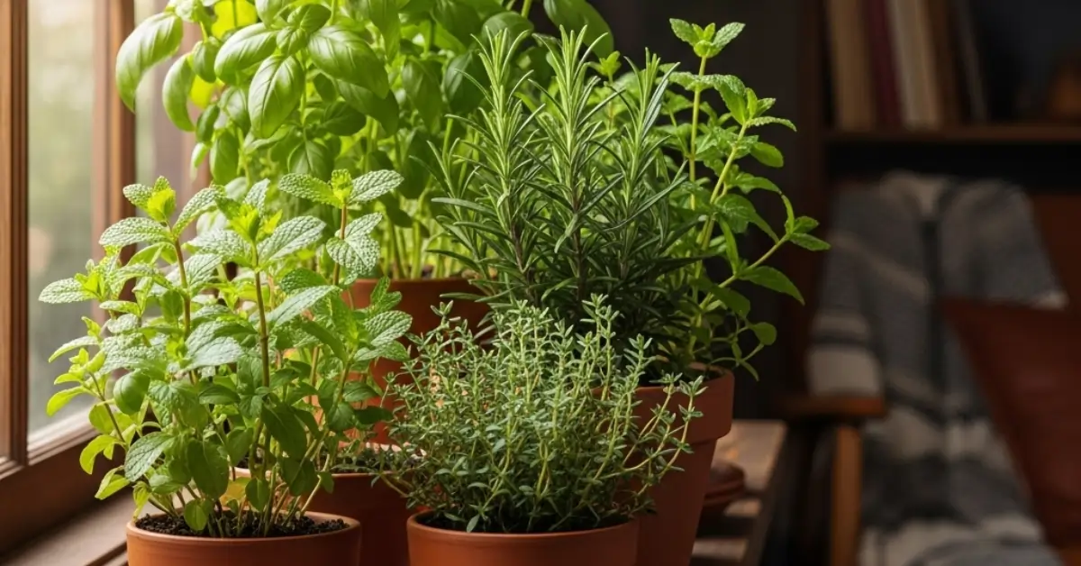 Fresh organic herbs growing indoors